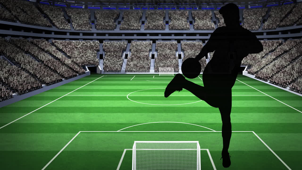 스포츠 경기장 위 에서 공 을  ⁇ 고 있는 축구 선수 들 의 실루 ⁇  의 애니메이션