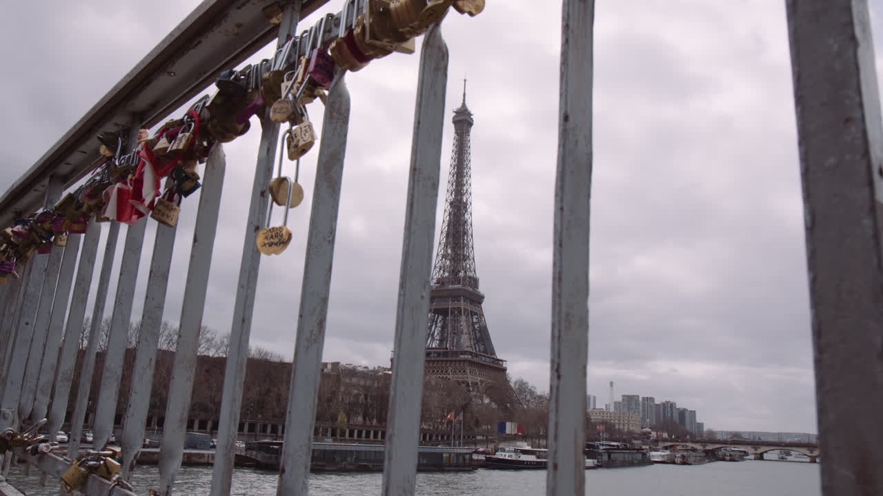 Famous Eiffel Tower Viewed From Passerelle Debilly Love Padlock Footbridge In Paris, France