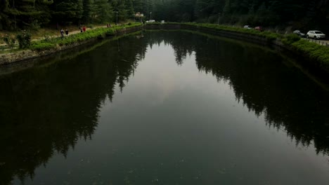 Aerial drone shot of a lake covered with green tress. Lake captured in Himachal Pradesh.