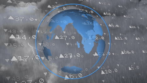 digital composition of stock market data processing over spinning globe against rain in night sky