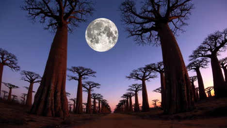 avenue of the baobabs under a full moon