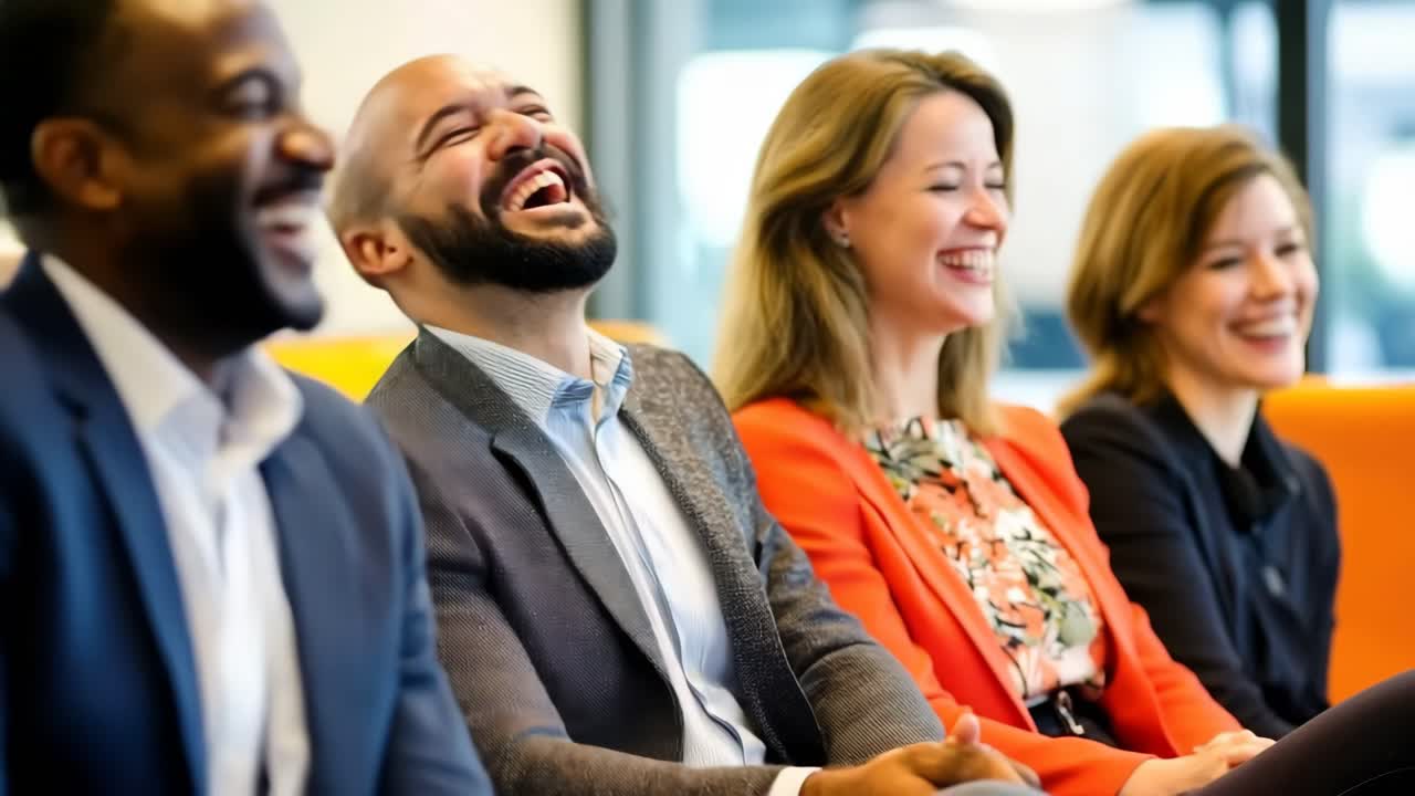 A candid video still of diverse professionals laughing together, captured from a side angle