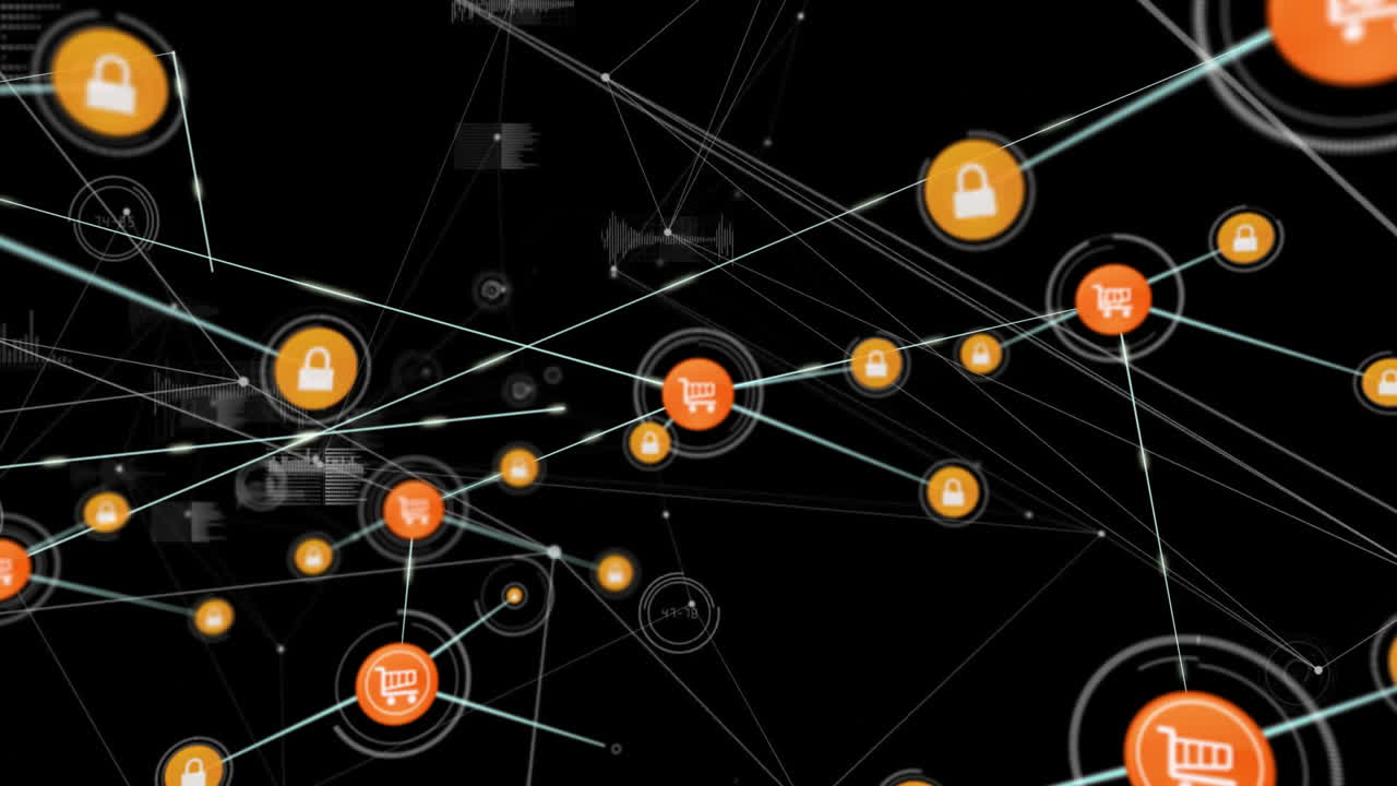 Animazione di una rete di connessioni con icone su sfondo nero.