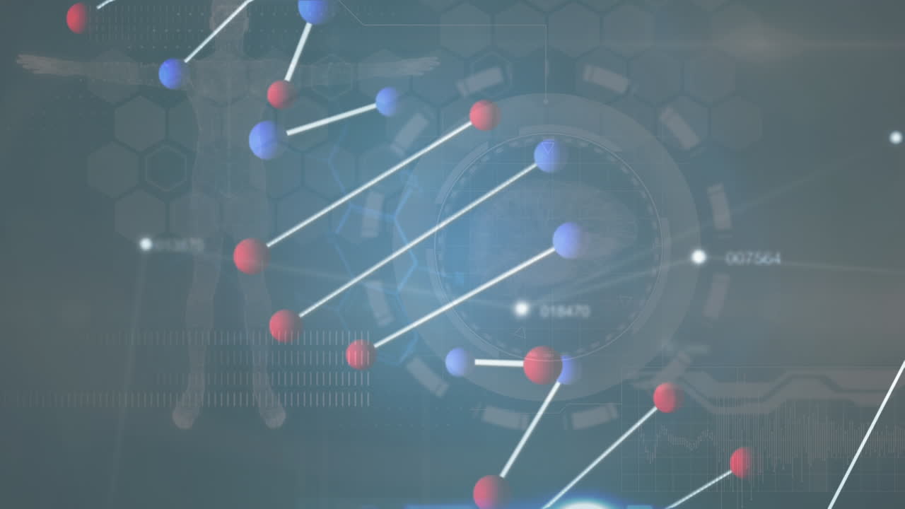 데이터 처리 위에서 회전하는 dna 가닥의 애니메이션