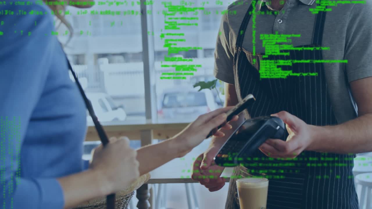 Animation of data processing over caucasian woman paying with smartphone