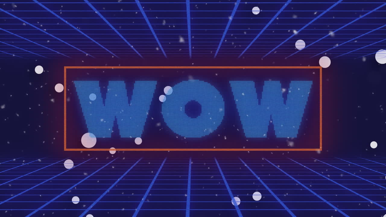 파란색 배경에 그리드 위에 와우 텍스트의 애니메이션
