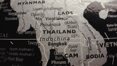 close-up view of a map showing thailand and surrounding southeast asian countries