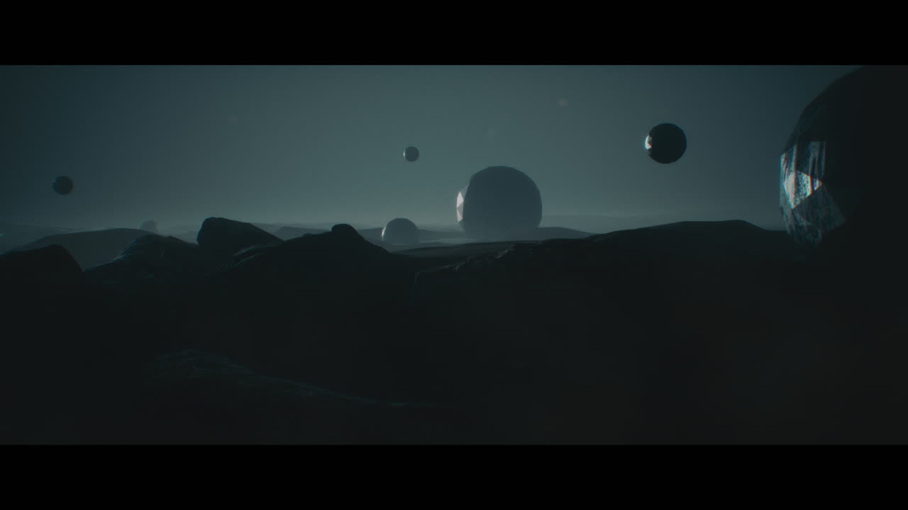 Alien planet desert landscape at night with strange sphere-shaped buildings