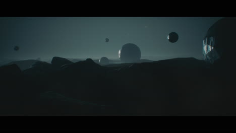 alien planet desert landscape at night with strange sphere-shaped buildings