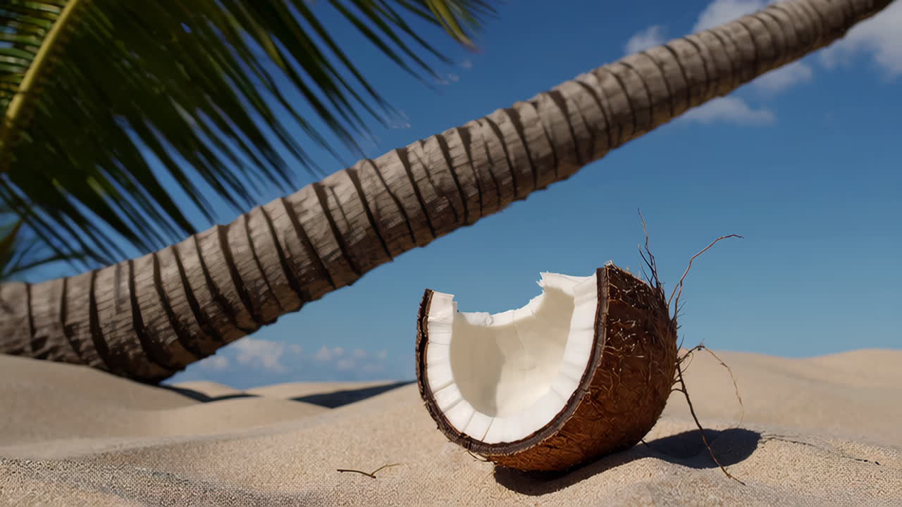 Half Coconut on a Beach with Palm Tree