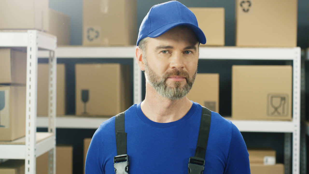 retrato de un apuesto joven cartero sonriendo alegremente a la cámara en el almacenamiento postal de paquetes