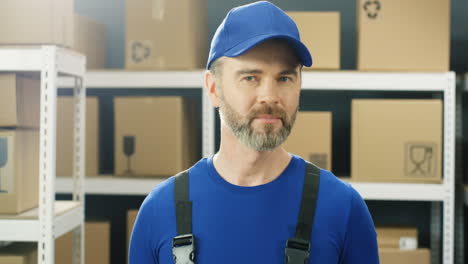 portrait shot of handsome young male postman smiling cheerfully to camera in postal storage of parcels