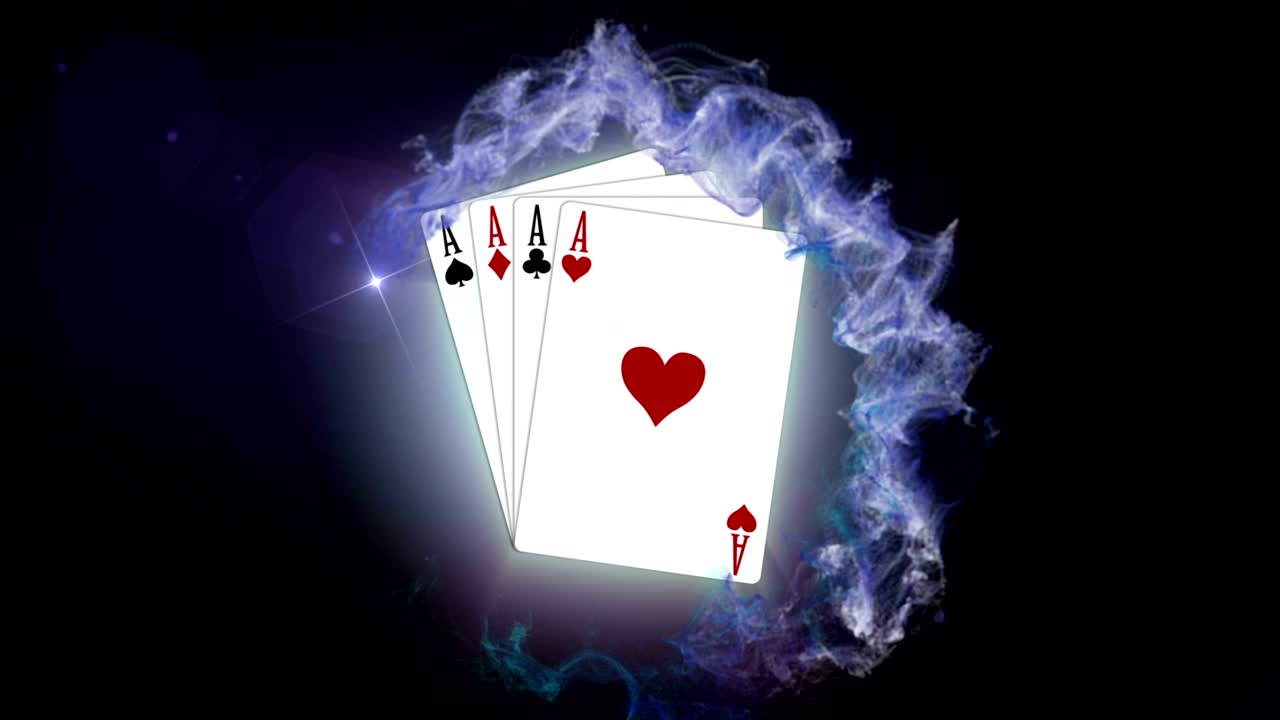 FOUR ACES, Poker Card in Particles Ring, Rendering, Background, with Final White Transition