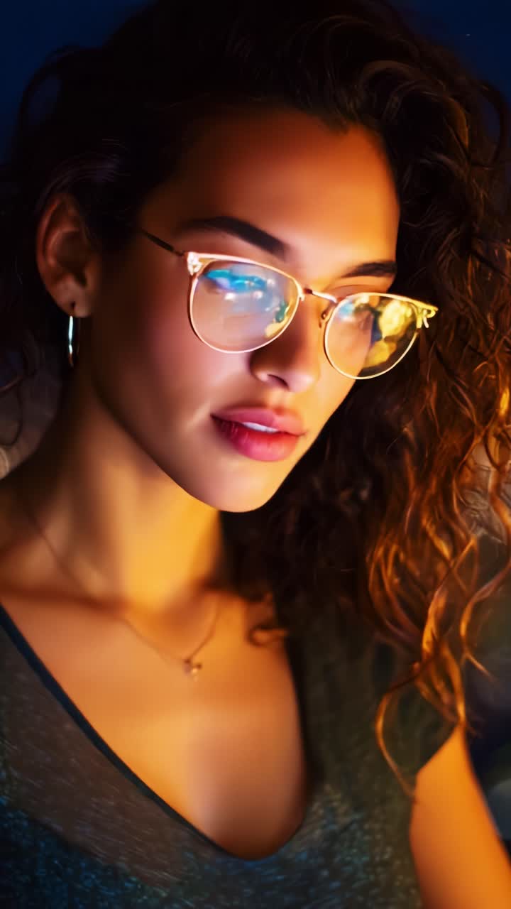 Captivating Portrait of a Young Woman with Glasses, Exuding Confidence and Beauty in a Low-Light Setting, Engaged in Thoughtful Reflection or Activity