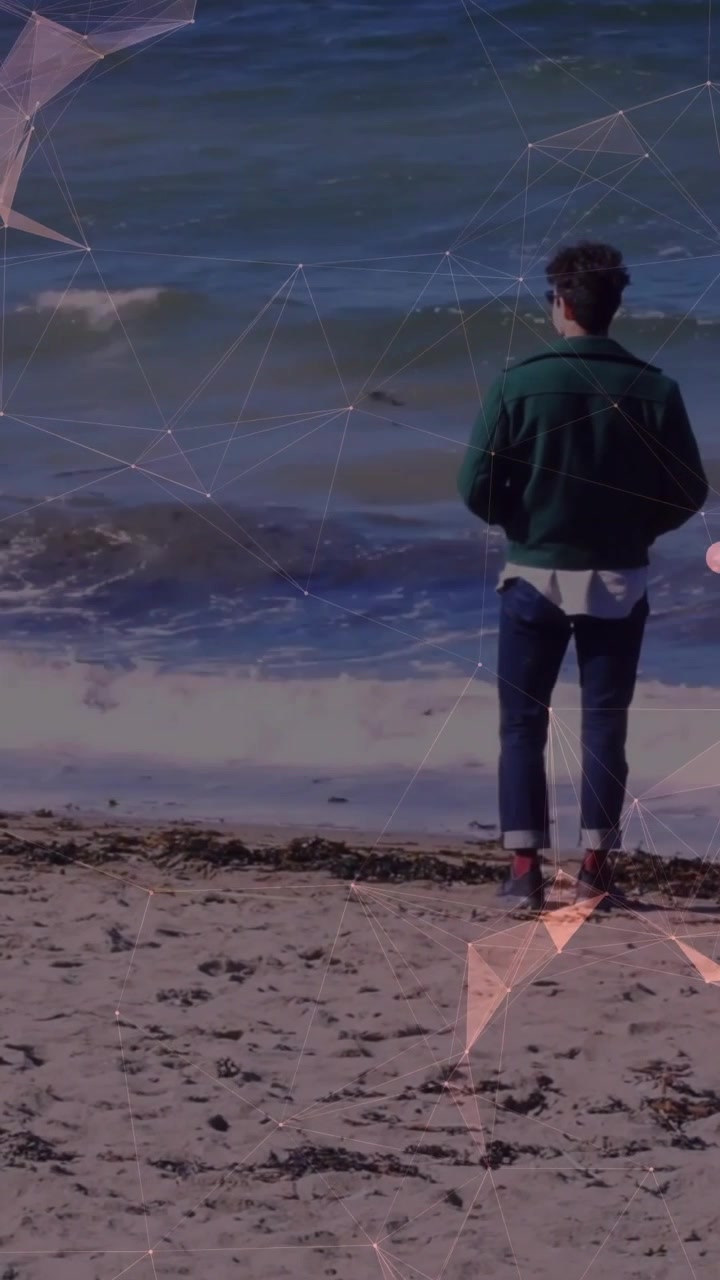 Video verticale: Uomo che guarda il mare sulla riva, le onde lo spingono indietro, una sovrapposizione tecnologica lo mappa