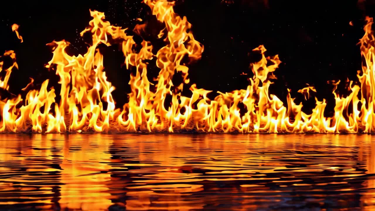 un fuego está ardiendo en la oscuridad con un reflejo en el agua