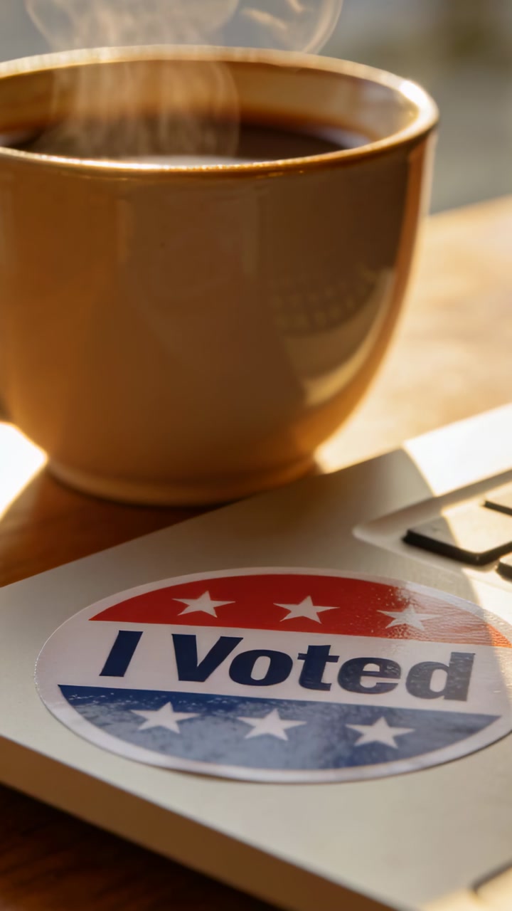 Steaming ceramic coffee cup sitting on laptop corner at wooden table, with I Voted sticker