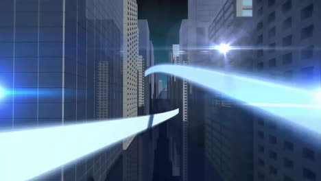 light trails animation over cityscape with tall buildings at night