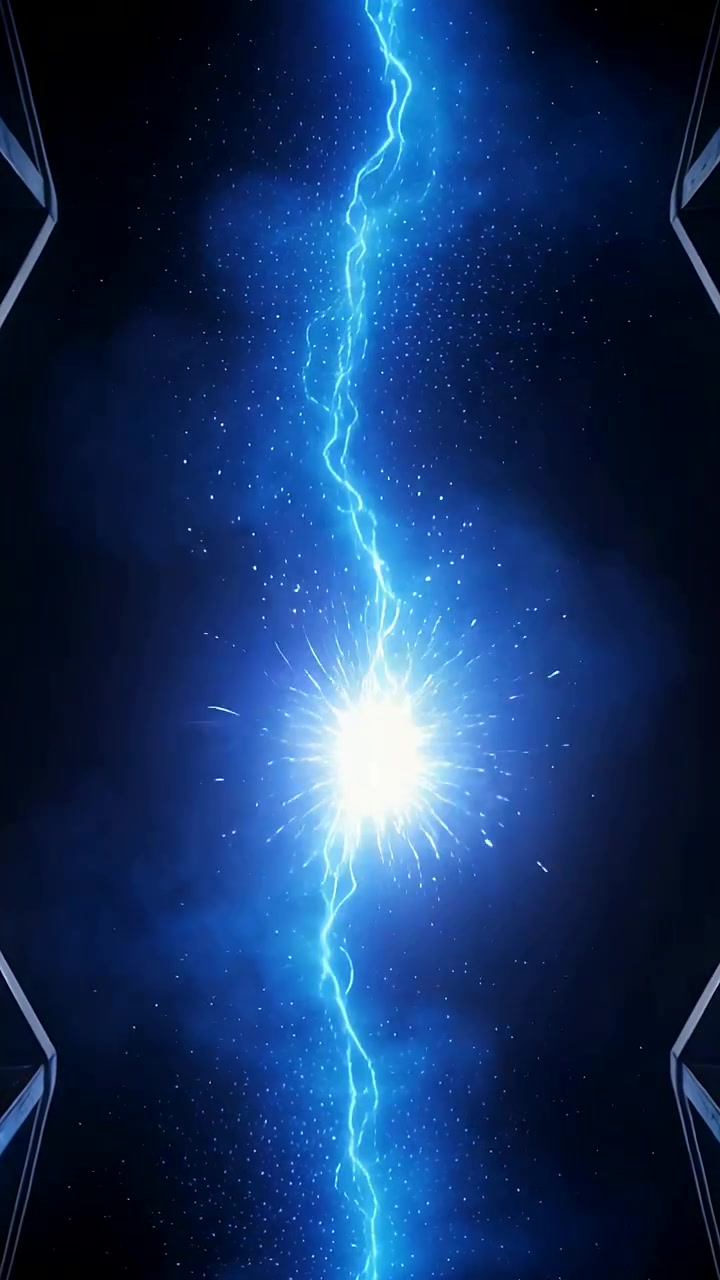 Vertical video: Pulsing blue bolt growing as sparks clustering in metal portal, mist bursting
