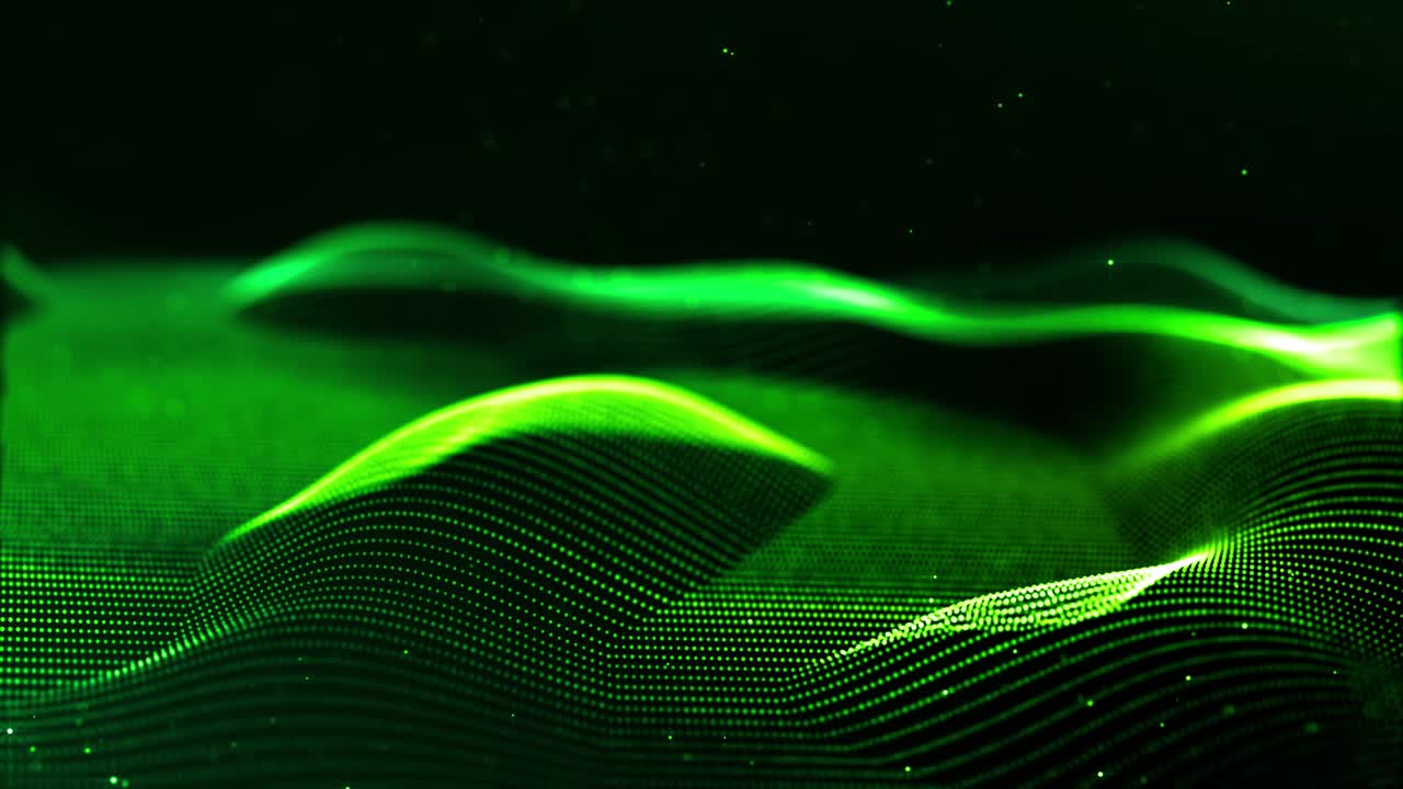 4k looped science fiction particle background with bokeh, light effects. Glow green color particles form lines, surfaces, complex structures. Suitable for sci-fi themes or as vj loop motion design bg