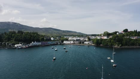 wide aerial view pulling away from scotland's coast in the isle of skye