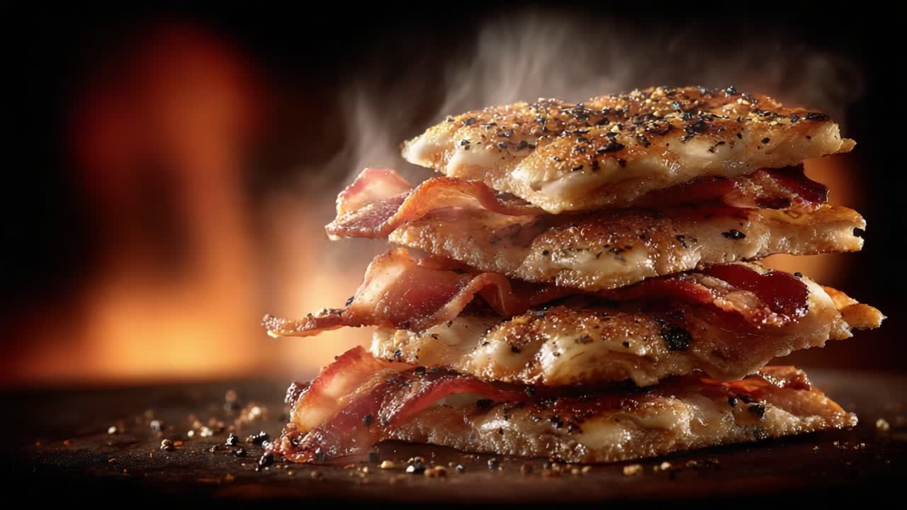 Succulent Layers of Crispy Bacon and Savory Flatbread with a Smoky Background, Creating an Irresistible Culinary Delight