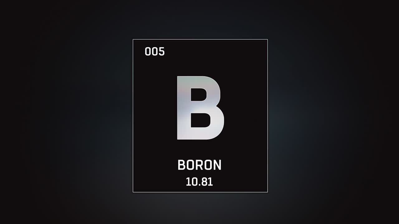 Boron as Element 5 of the Periodic Table 3D animation on grey background