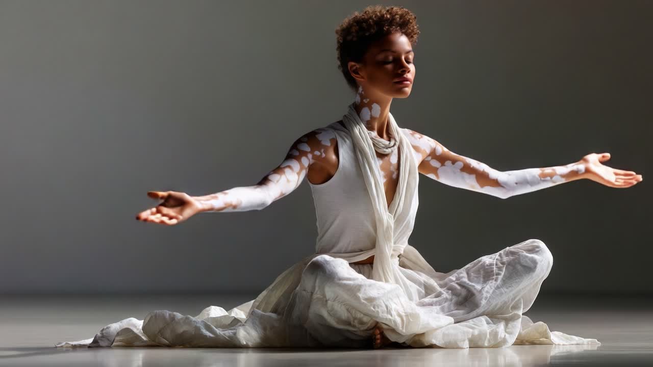 A graceful figure in serene poses embodies elegance and tranquility in a minimalist setting, showcasing intricate body art and fluid movements through expressive gestures and soft fabrics