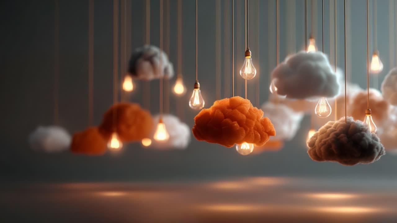 An Enchanting Display of Illumination: Ethereal Clouds with Glowing Lights Dance in Suspense as They Float Gracefully, Creating a Dreamlike Atmosphere of Serenity and Wonder