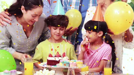 animation of confetti falling over family having fun at birthday party