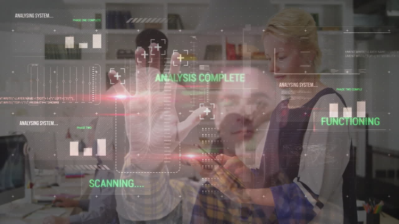 In modern office, animation overlaying people working together on analysis system
