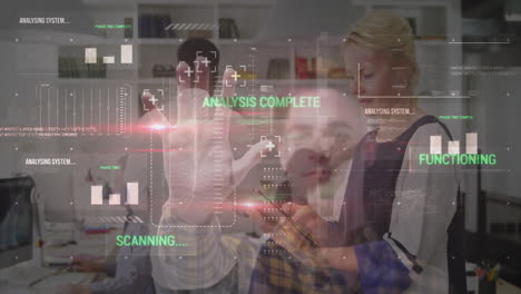in modern office, animation overlaying people working together on analysis system