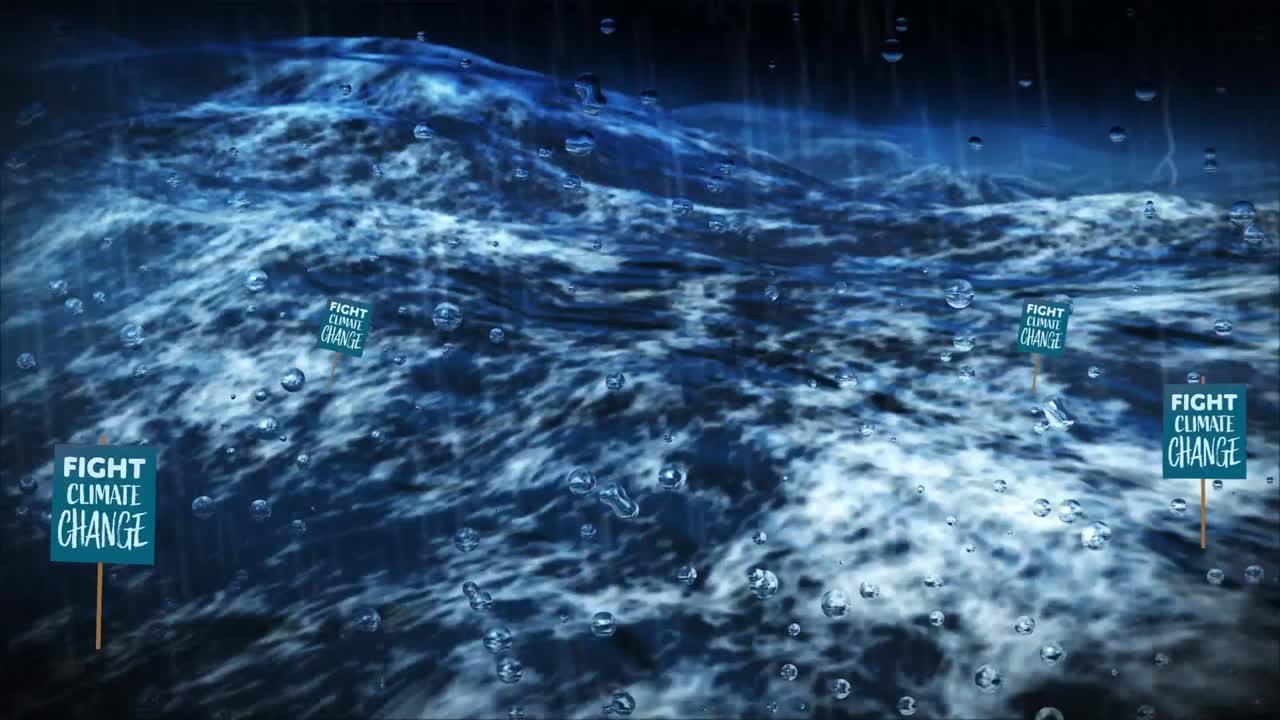 기후 변화에 맞서 싸우는 애니메이션 비와 바다에 대한 텍스트