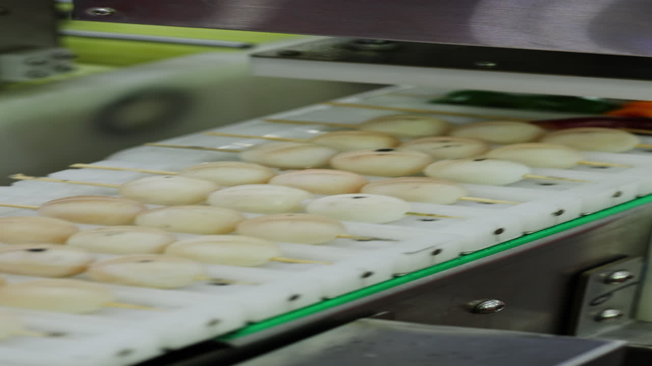 Colorful Food Skewers Moving on an Industrial Conveyor Belt