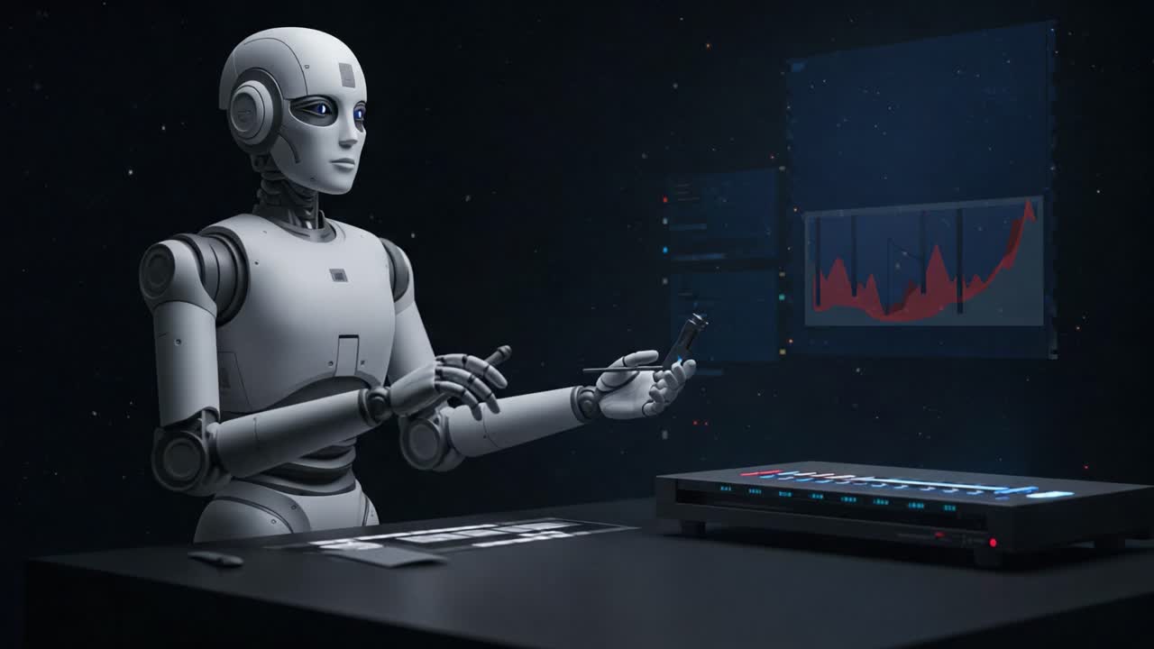 Futuristic Robot Analyzing Data on a Digital Interface in a High-Tech Environment, Displaying Advanced AI Capabilities in a Modern Workspace Setting
