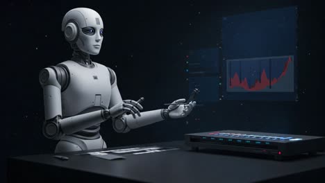 futuristic robot analyzing data on a digital interface in a high-tech environment, displaying advanced ai capabilities in a modern workspace setting