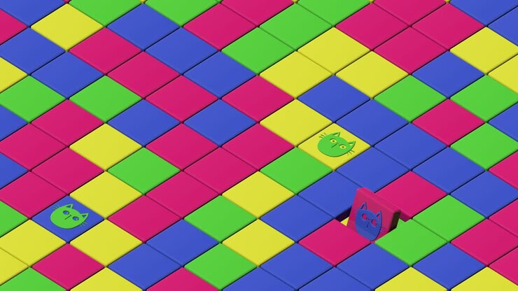 Abstract background of colored cubes that turn and show the cat's face