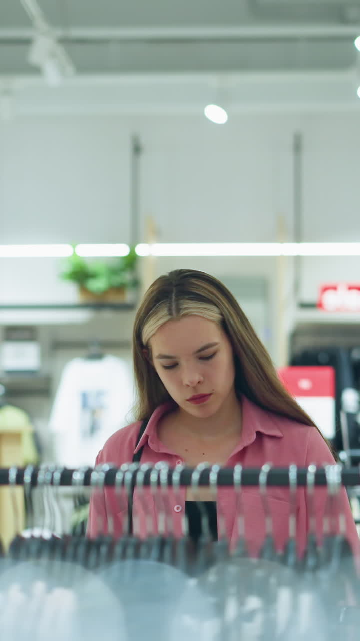 dama en top rosa y sello negro mirando cuidadosamente la ropa en el estante en un centro comercial brillantemente iluminado, estantes de ropa y artículos llenan el fondo, con luz borrosa en el fondo