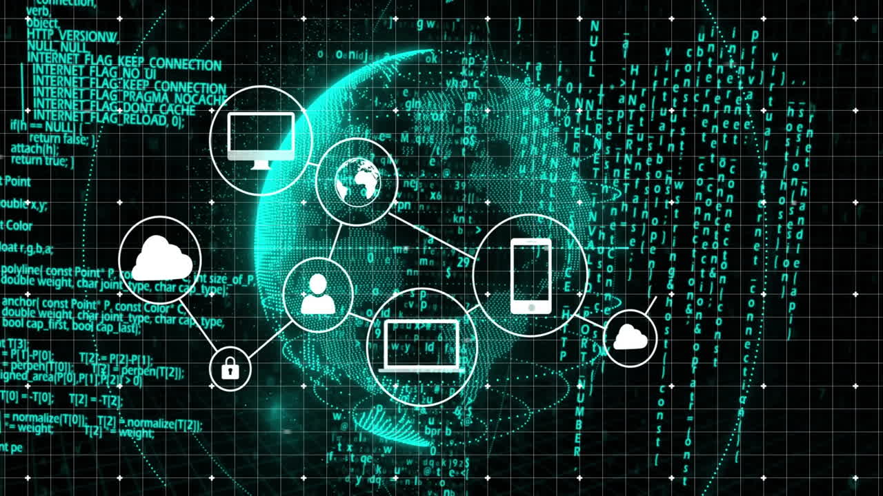 Digital network connections and data processing animation over globe and binary code