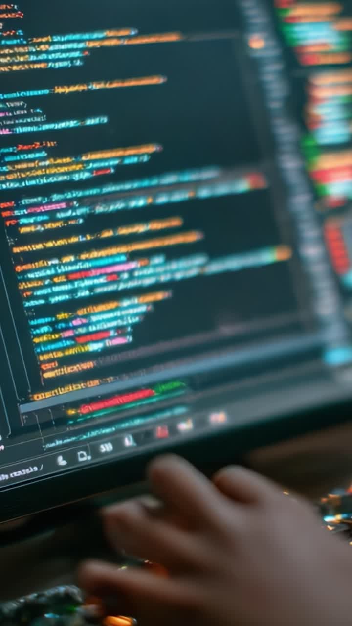 A Close-Up View of a Hand Engaging with a Computer Screen Displaying Colorful Programming Code in a Dynamic Coding Environment