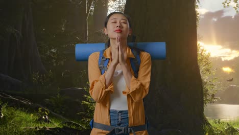 woman meditating in the woods at sunrise