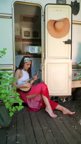 woman playing ukulele in a campervan