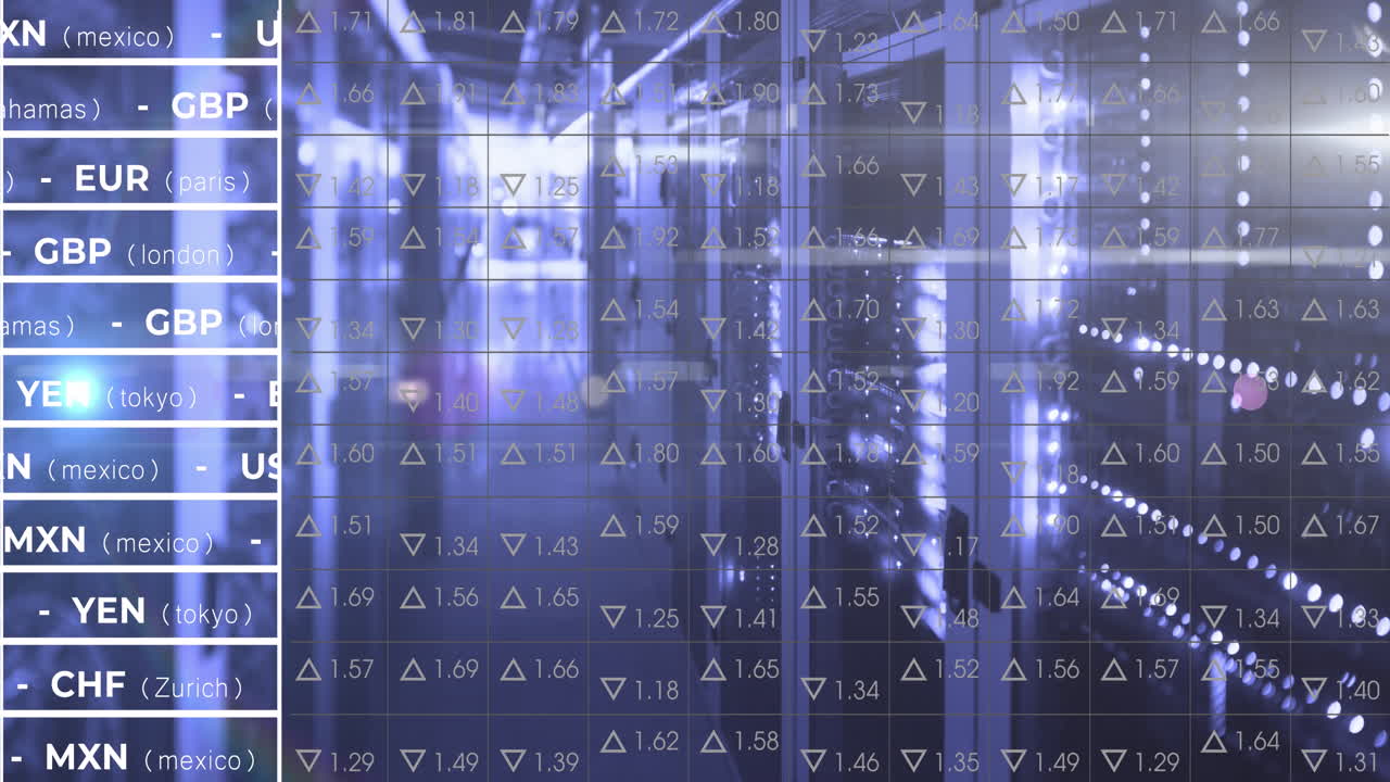 Animation of country names and numbers with upwards and downward arrows over data server racks