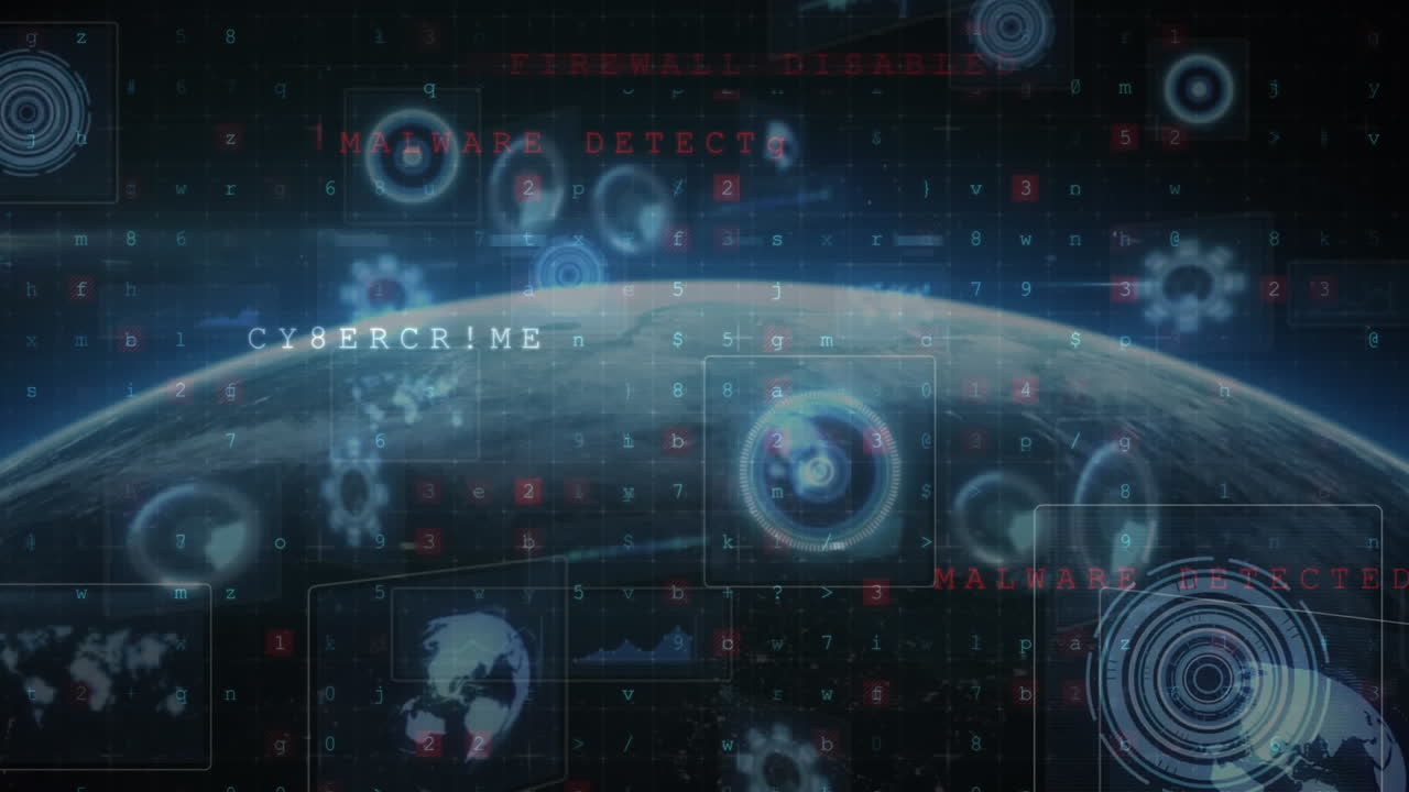 Animation of round scanners and cyber security data processing against globe in space