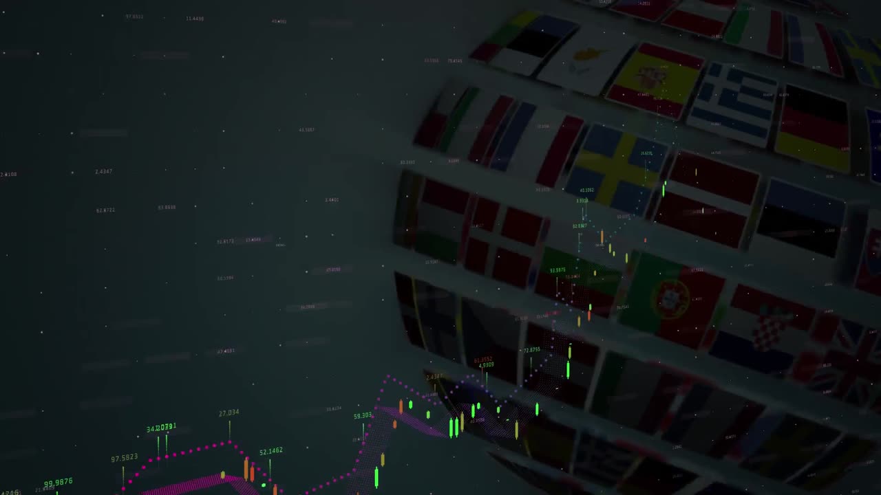 animación del procesamiento de datos en todo el mundo con banderas nacionales.