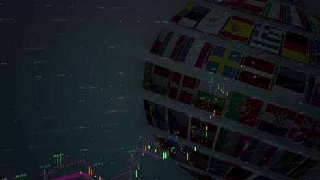 animation of data processing over globe with national flags