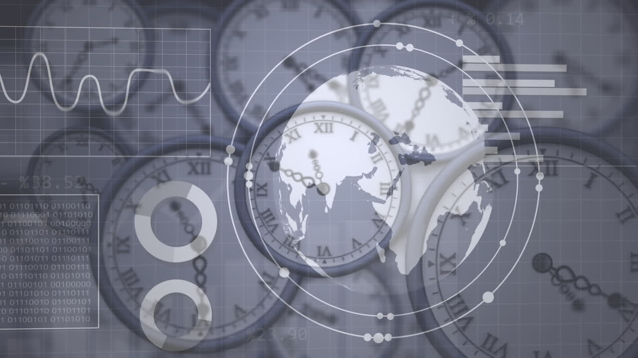 Animazione di statistiche ed elaborazione dati e globo su orologi