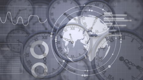 animación de las estadísticas y el procesamiento de datos y el globo sobre los relojes