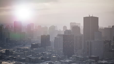 Vista-Aérea-Del-Horizonte-Al-Atardecer-Con-Rascacielos