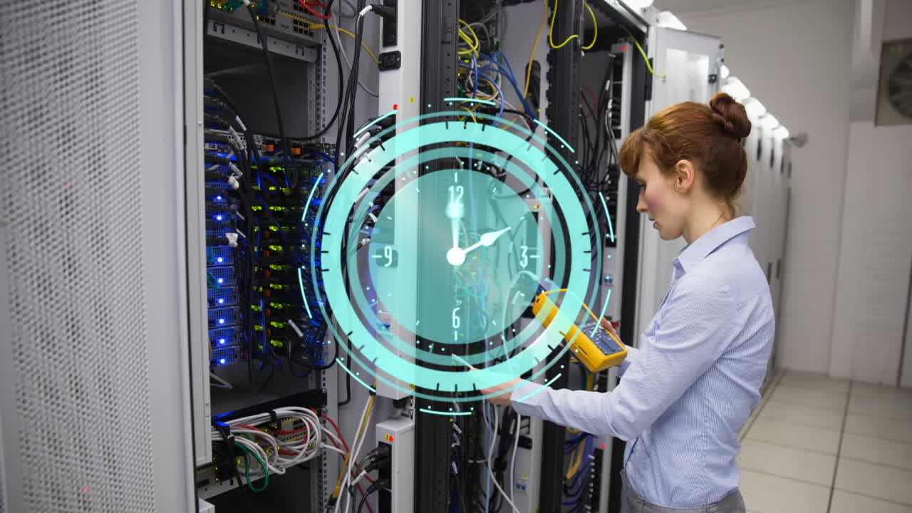 Animation of moving clock over caucasian woman in server room